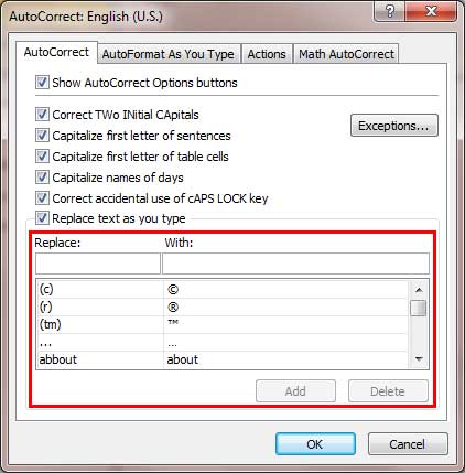 AutoCorrect list within the AutoCorrect dialog box