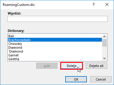 Word selected for deletion