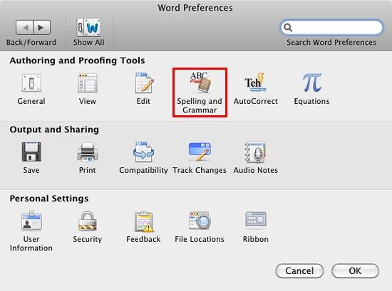 Spelling and Grammar option within Word Preferences dialog box