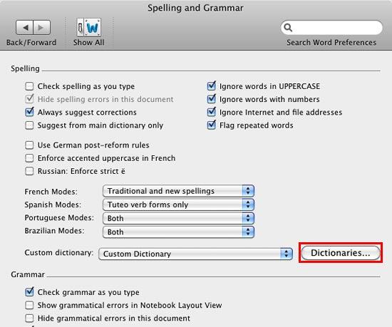 Spelling and Grammar dialog box