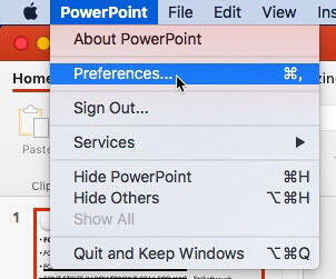 Preferences option with PowerPoint menu