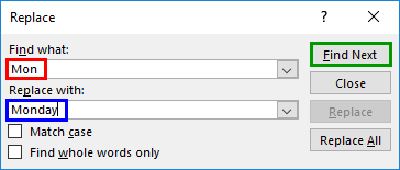Words typed within Replace dialog box