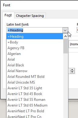 Font typeface drop-down list