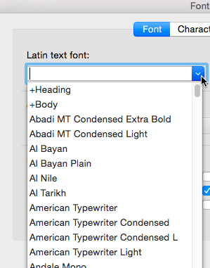Font typeface drop-down list