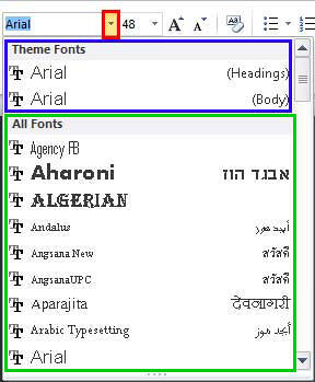 Font drop-down gallery