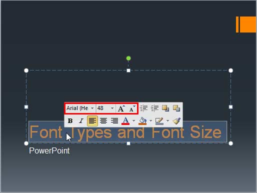 Font type and size options within Mini Toolbar