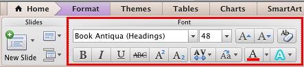 Font group within the Home tab of the Ribbon