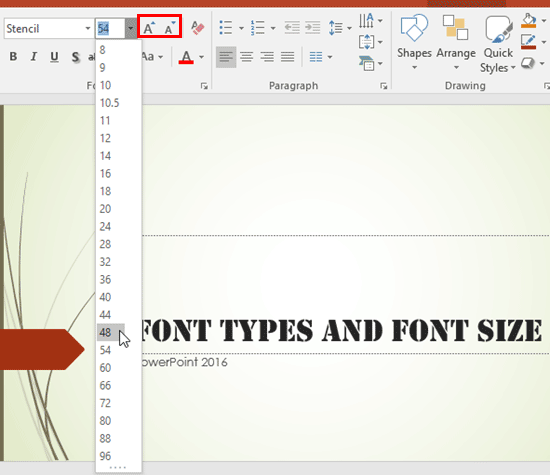 microsoft presentation font size