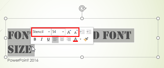 Font type and size options within Mini Toolbar