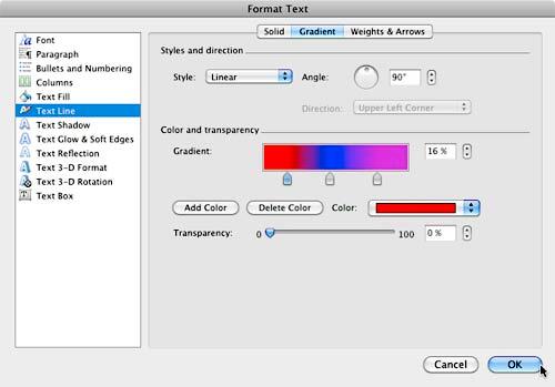 Format Text dialog box with Gradient text line options activated