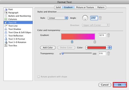 Format Text dialog box with Gradient Style set to Linear