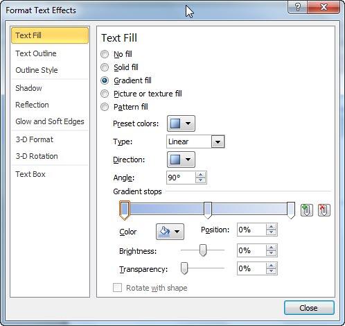 Gradient fill options within Format Text Effects dialog box
