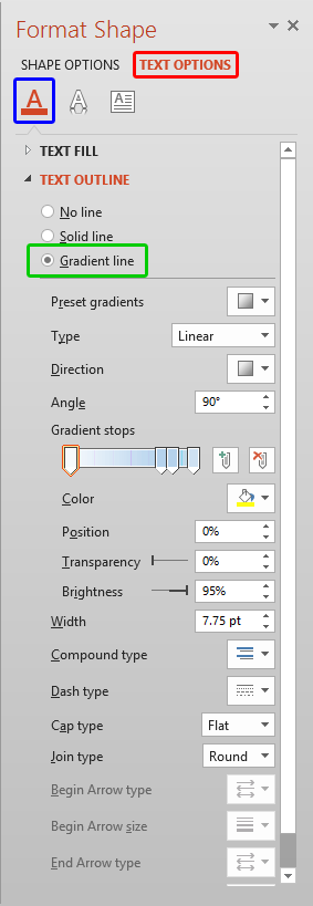 Gradient line options within the Format Shape Task Pane
