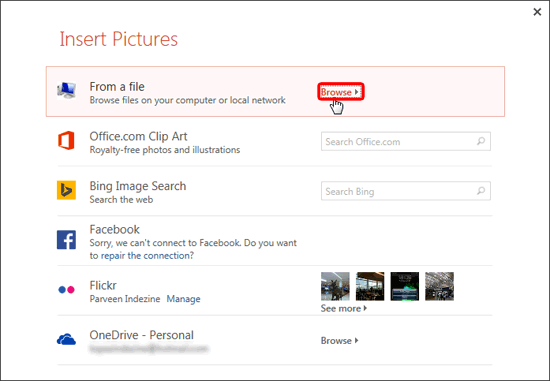 Browse hyperlink within the Insert Pictures dialog box