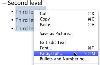 Paragraph option selected within the context menu