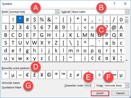 intersection symbol in word 2016