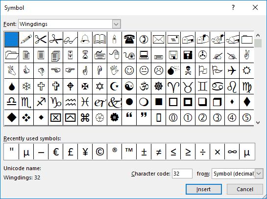 Choose to insert characters from a dingbat font