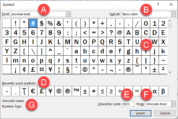 The Symbol dialog box