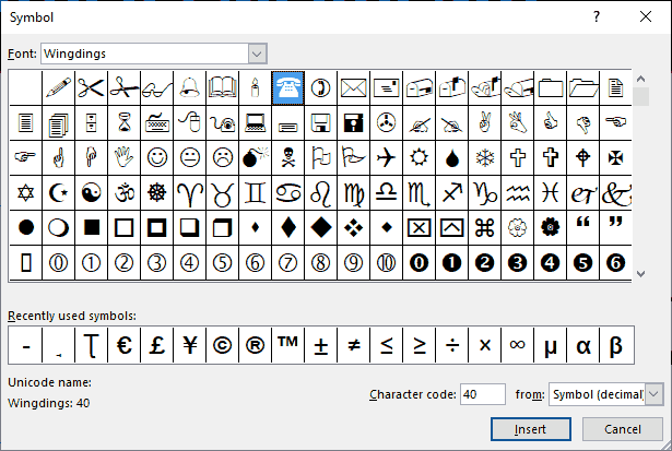 Choose to insert characters from a dingbat font