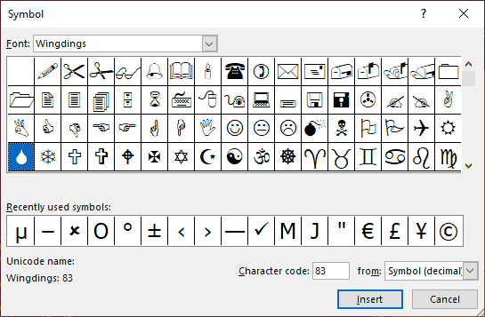 Choose to insert characters from a dingbat font