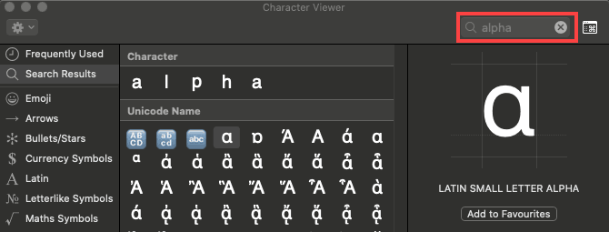 symbol alpha shortcut mac