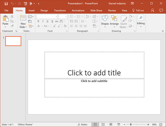 A new presentation in PowerPoint 2016