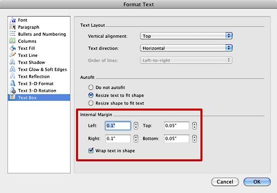 Internal margin options within the Format Text dialog box
