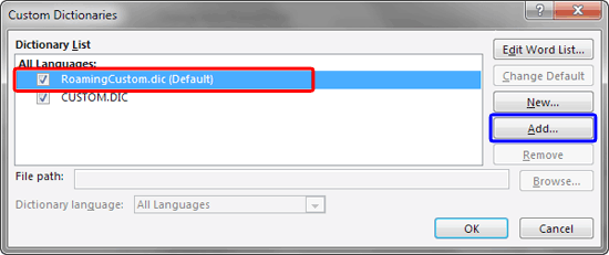 Custom Dictionaries dialog box