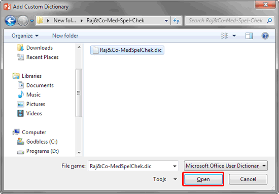 Add Custom Dictionary dialog box