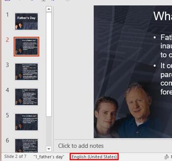 Language Options on the Status Bar in PowerPoint 2016 for Windows