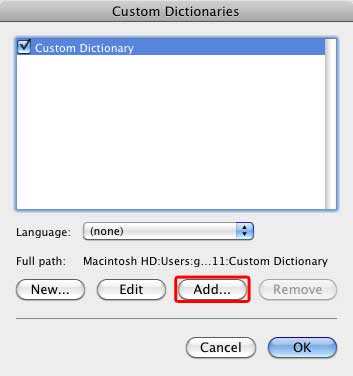Add button within Custom Dictionaries dialog box