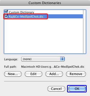 New dictionary within Custom Dictionaries dialog box