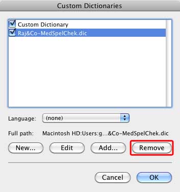 Custom dictionary selected for deletion