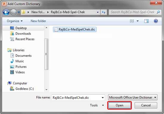 how do i open custom dictionary in word 2010