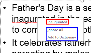 Contextual menu containing spelling suggestions