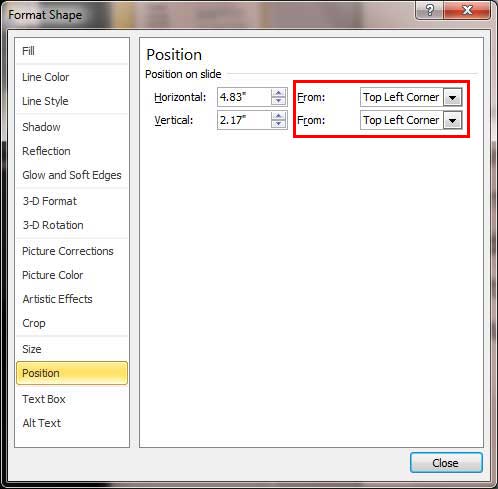 Options within Format Shape dialog box to edit the position of selected text box