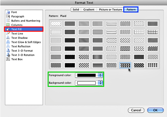 Pattern tab selected within the Format Text Effects dialog box