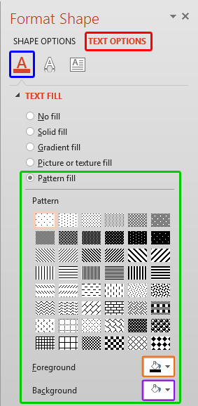 Pattern fill options within Format Shape Task Pane