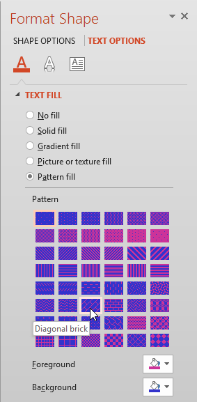 Various Pattern fill options selected for the text