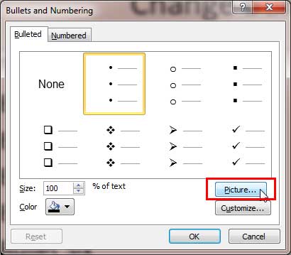 Bullets and Numbering dialog box