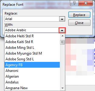 Font selected to replace the existing Font