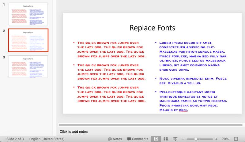 Fonts in the presentation changed