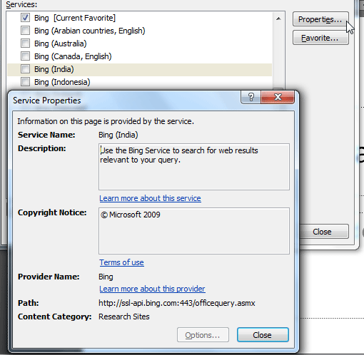 Service Properties dialog box for Bing (India) - Indezine Service Properties dialog box for Bing (India)