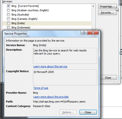 Service Properties dialog box for Bing (India)