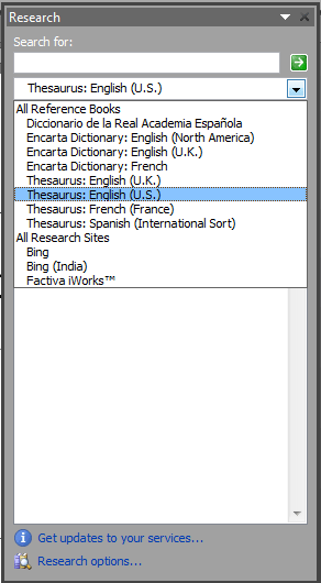 Research Task Pane after changing Research Options - Indezine Research Task Pane after changing Research Options