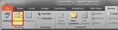Research button within the Review tab of the Ribbon - Indezine Research button within the Review tab of the Ribbon