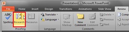 Research button within the Review tab of the Ribbon