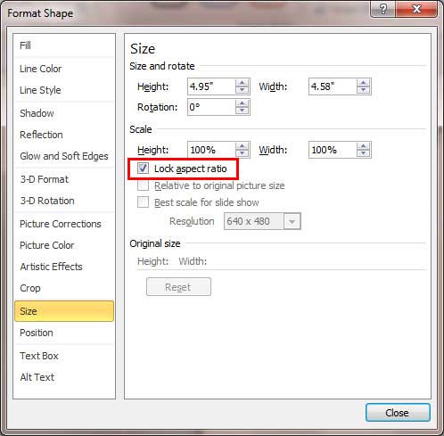 Size editing options within Format Shape dialog box