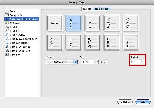 Numbering options within the Format Text dialog box