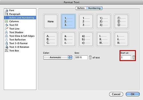 Numbering options within the Format Text dialog box - Indezine Numbering options within the Format Text dialog box